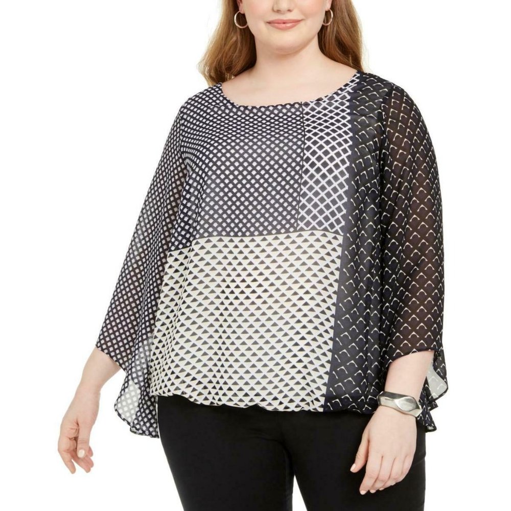 Alfani Navy Angel Sleeves Blouson Blouse